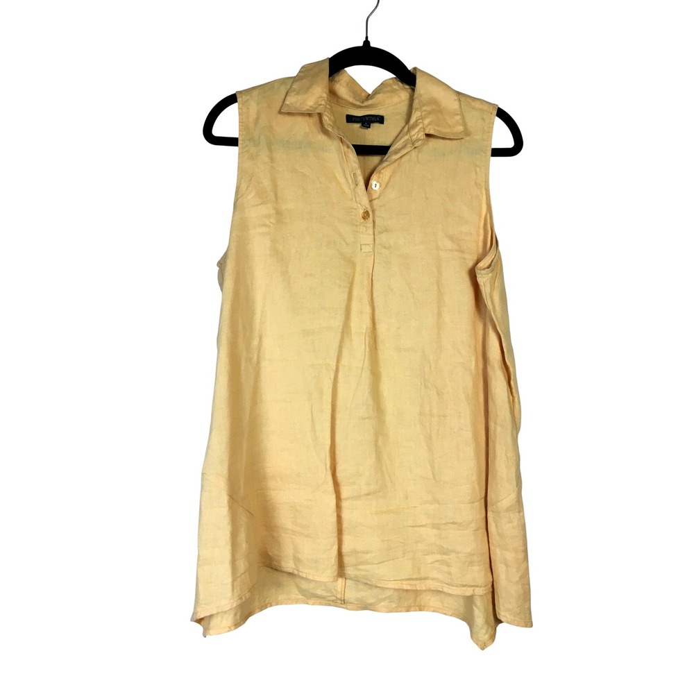 For Cynthia Yellow 100% Linen Sleeveless Collared‎ Tunic Top Large Lagenlook